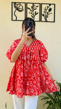 Cotton Flared Puff Sleeves Red Aliacut Floral Print Peplum Top - Dolled Up