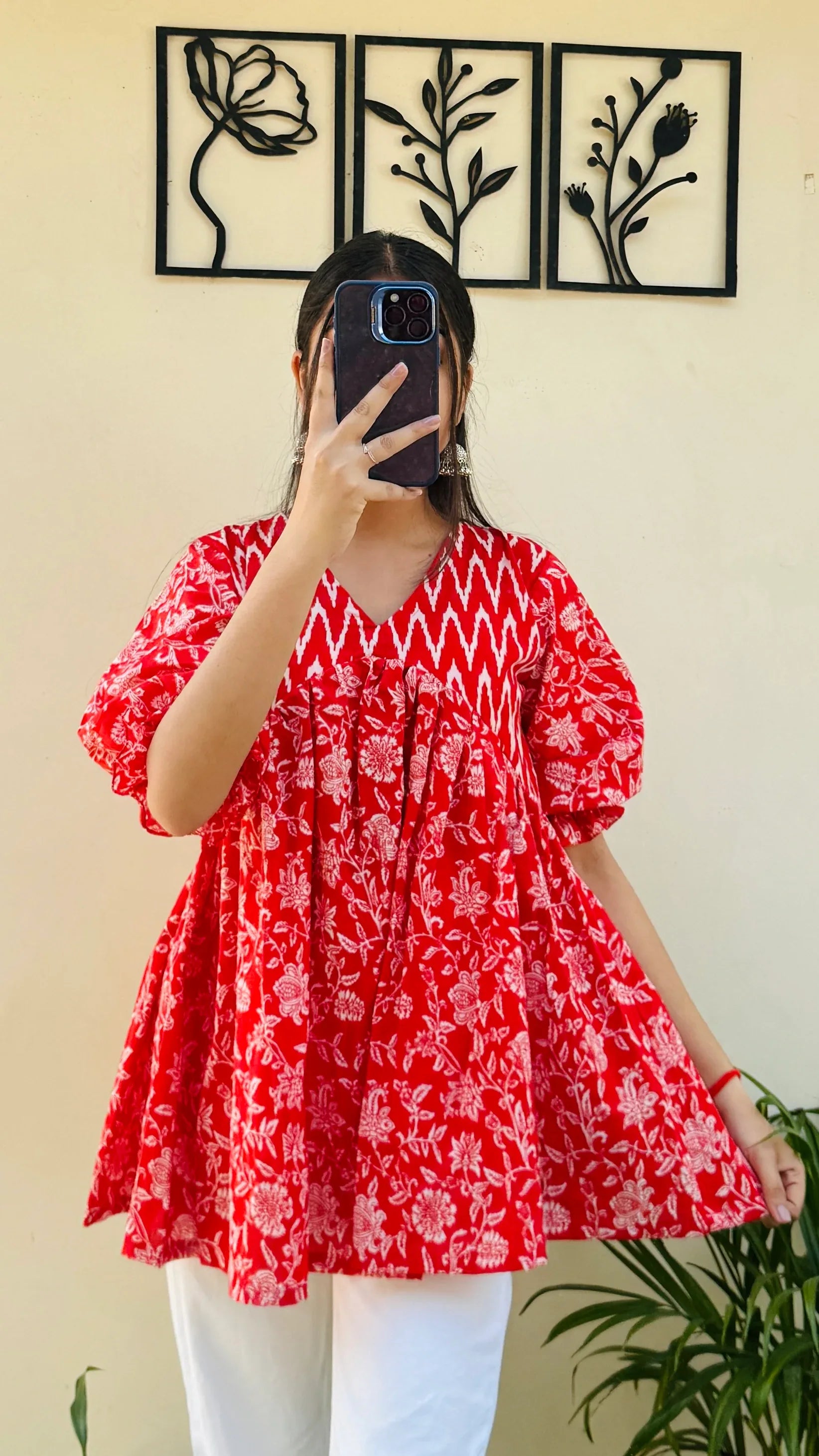Cotton Flared Puff Sleeves Red Aliacut Floral Print Peplum Top - Dolled Up