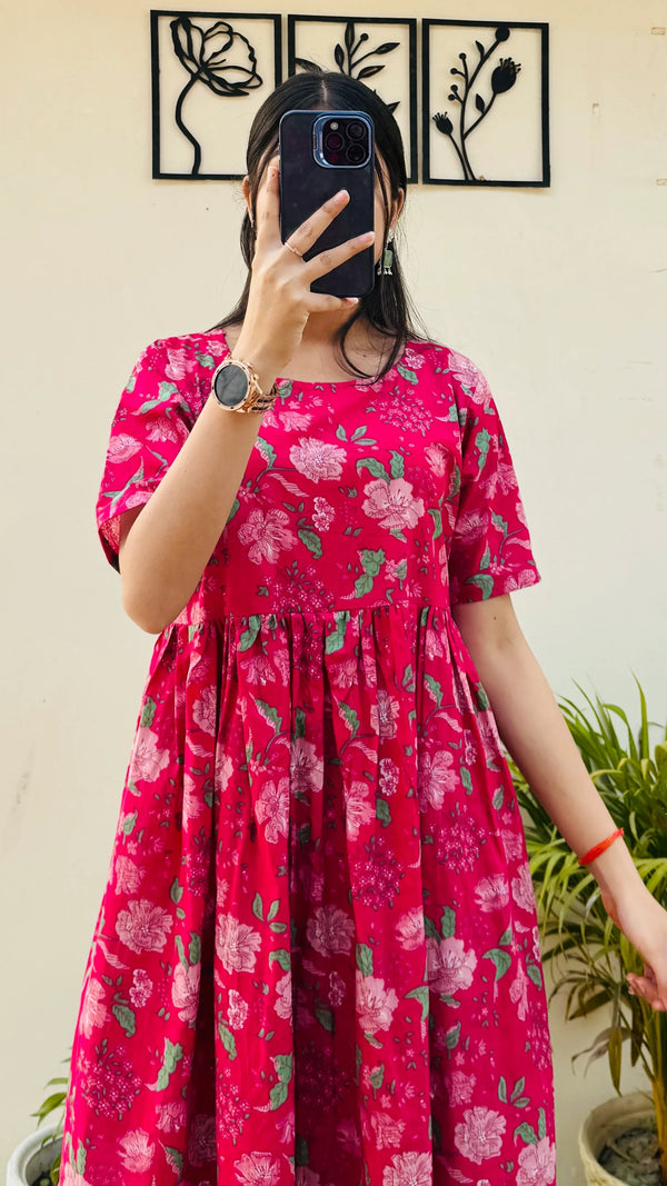 Cotton Printed Hotpink Nyra Cut Long Kurti - Dolled Up