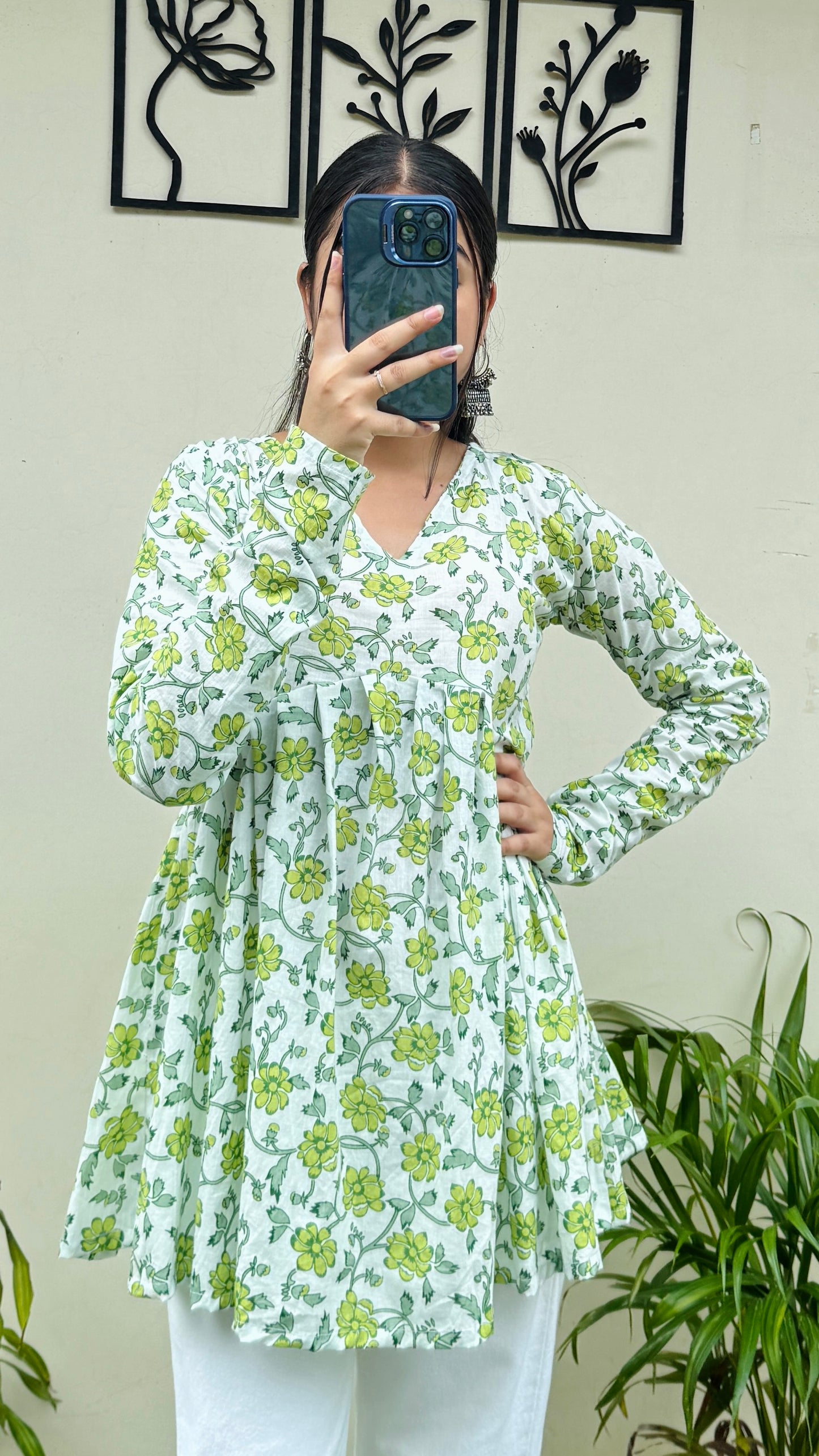 Cotton Flared White Aliacut Floral Print Peplum Top