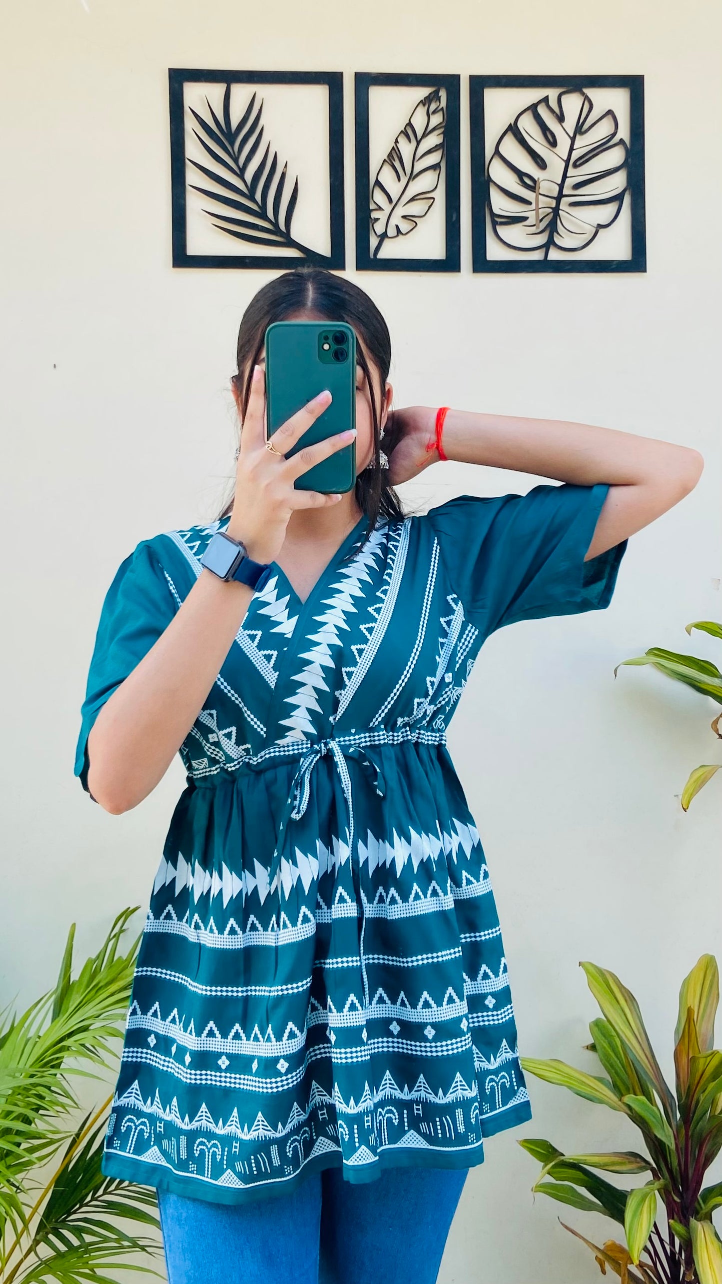 Green Printed Rayon Short Sleeve Top