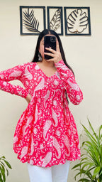 Cotton Flared Pink Printed Aliacut Peplum Top - Dolled Up