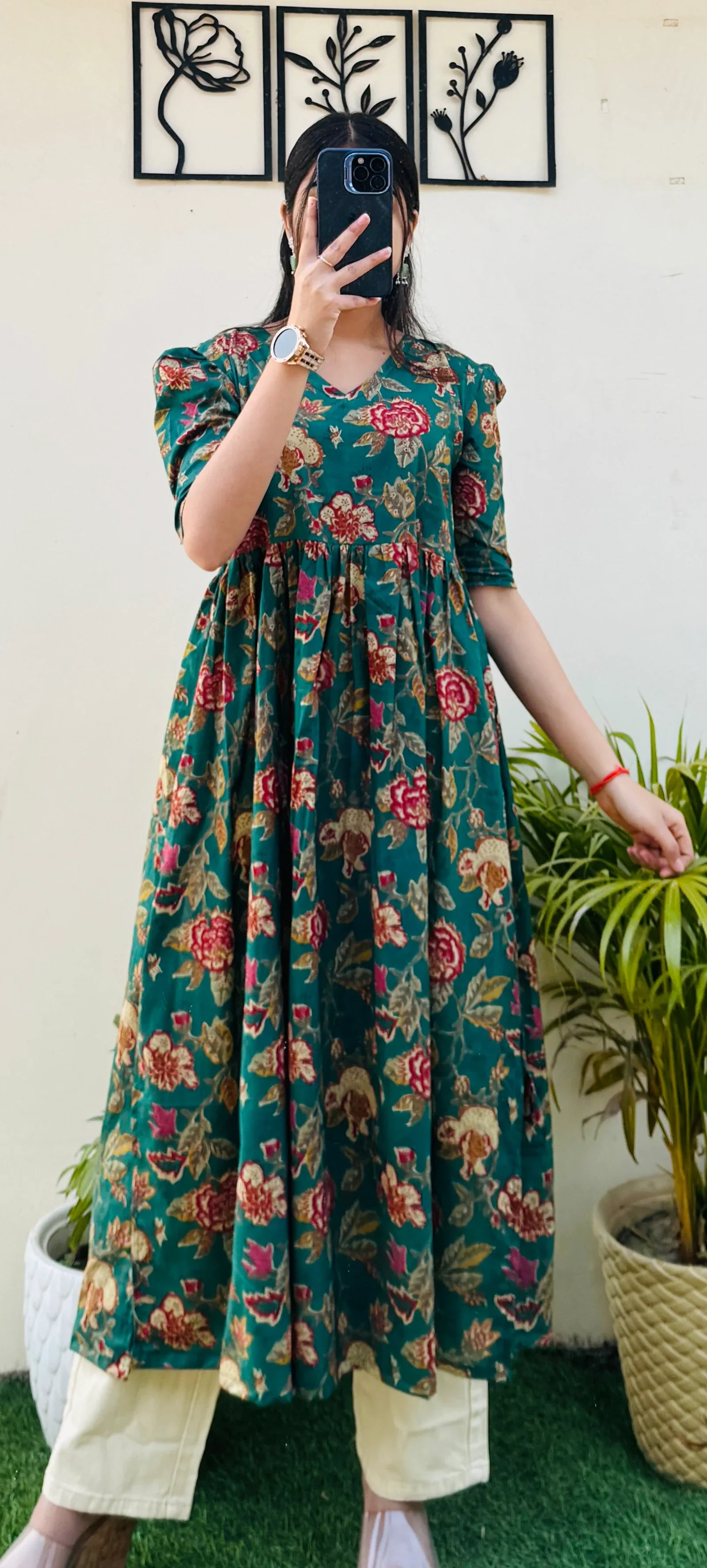 Cotton Printed Green Puff Sleeves Nyra Cut Long Kurti - Dolled Up