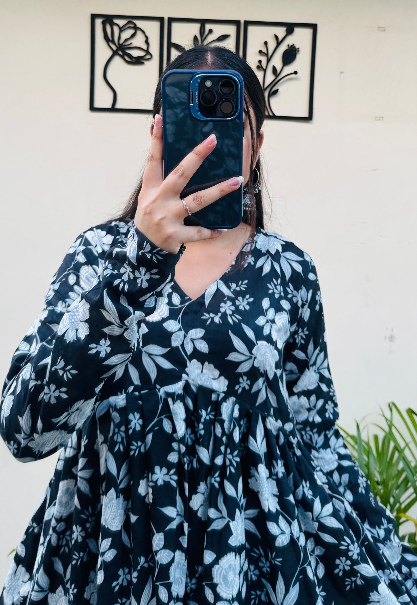 Cotton Flared Black Aliacut Floral Print Peplum Top