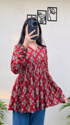 Cotton Flared Printed Aliacut Peplum Top - Dolled Up