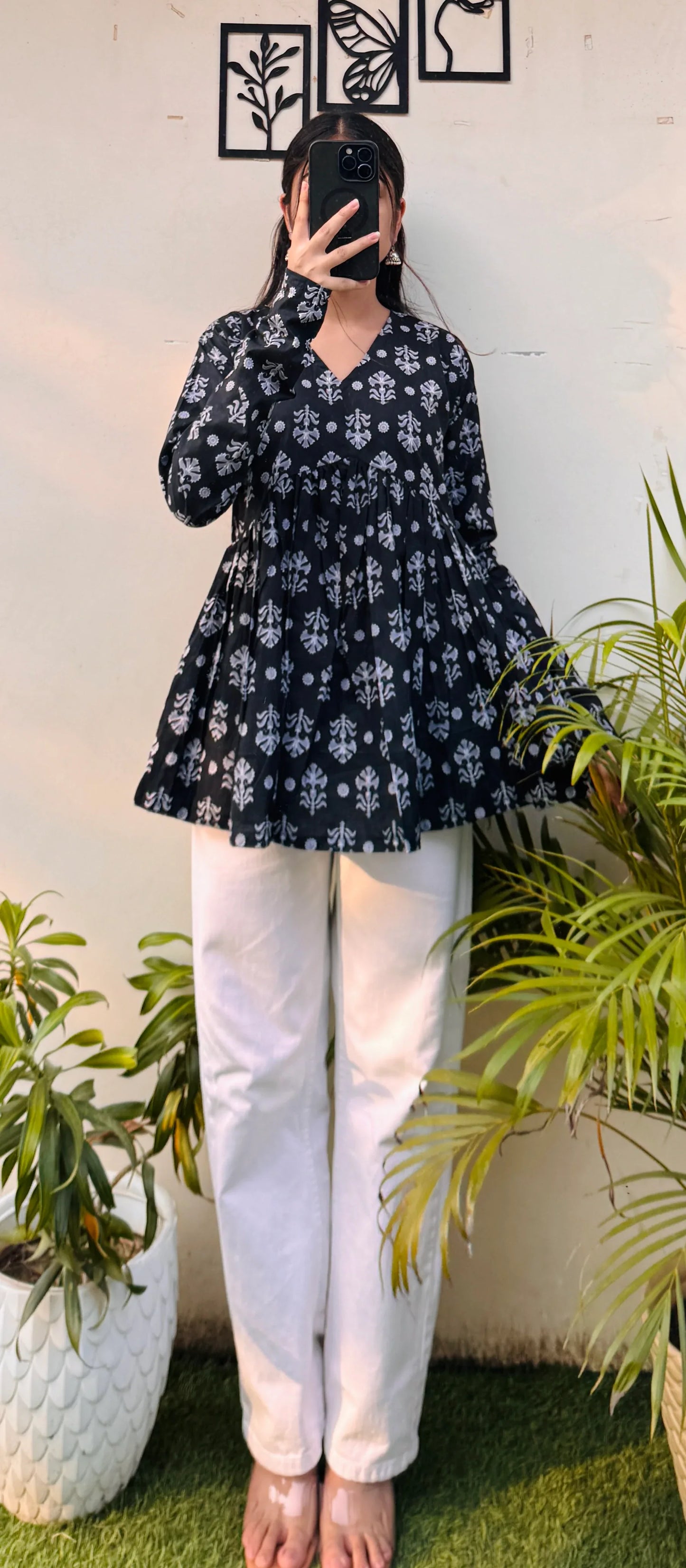 Cotton Black Flared Printed Aliacut Peplum Top - Dolled Up