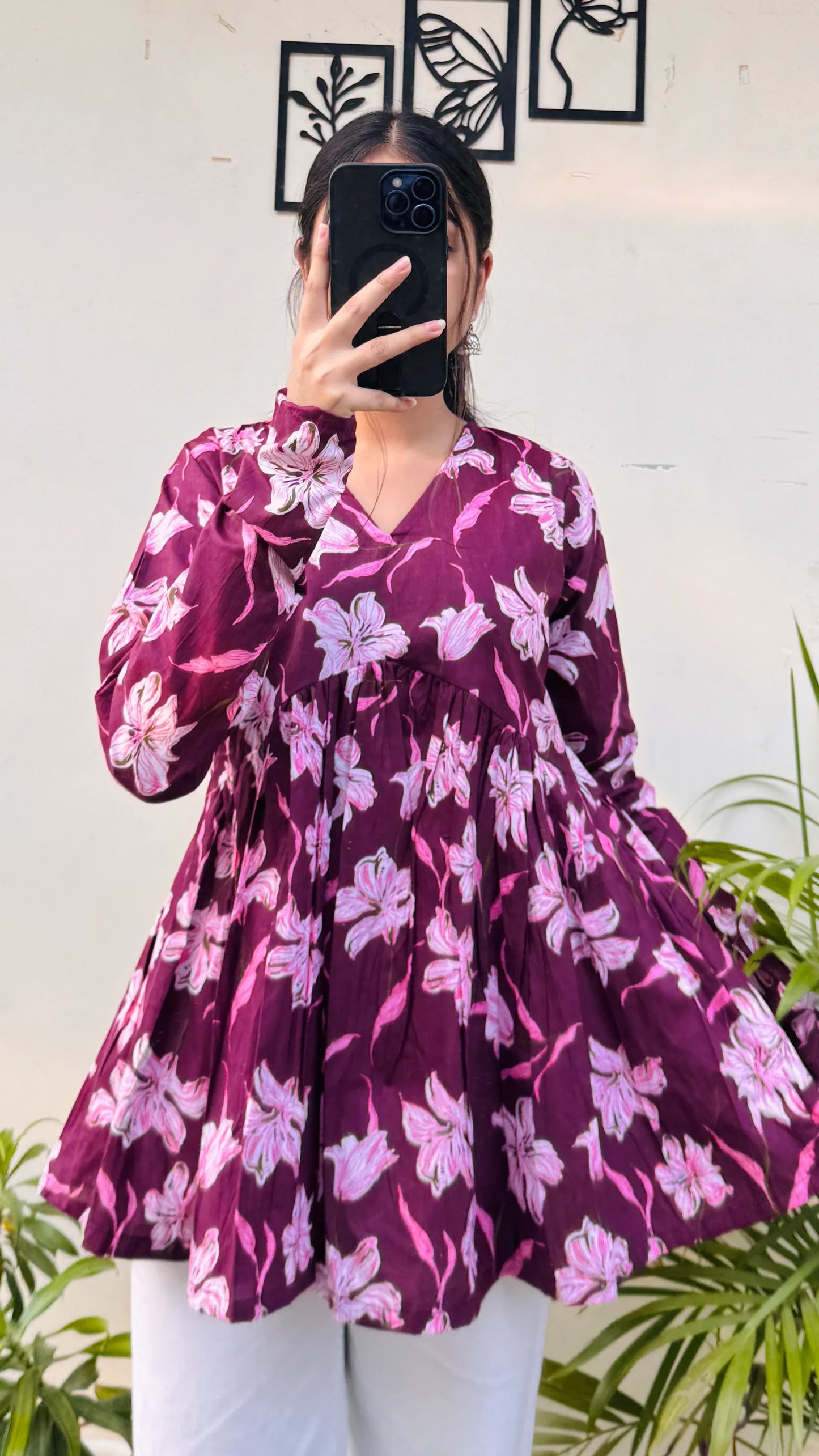 Cotton Wine Flared Printed Aliacut Peplum Top - Dolled Up