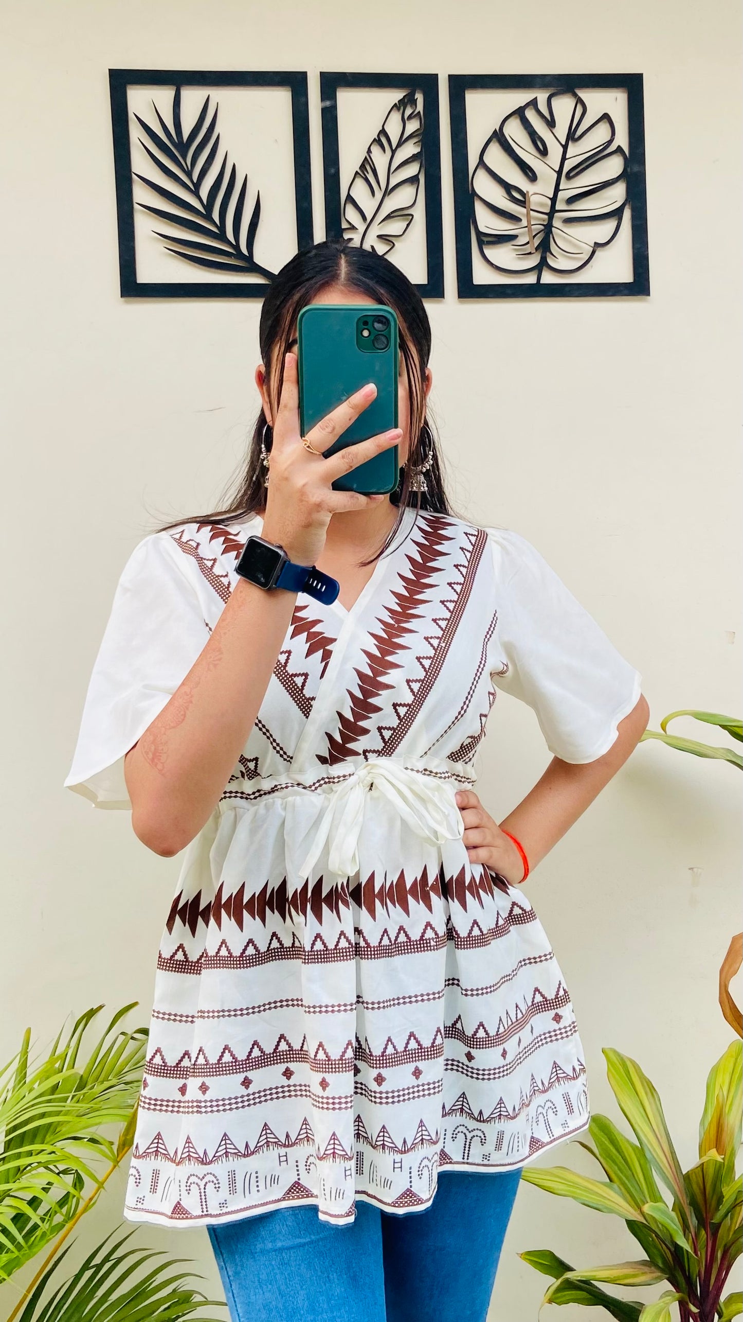 Cream n Brown Printed Rayon Short Sleeve Top
