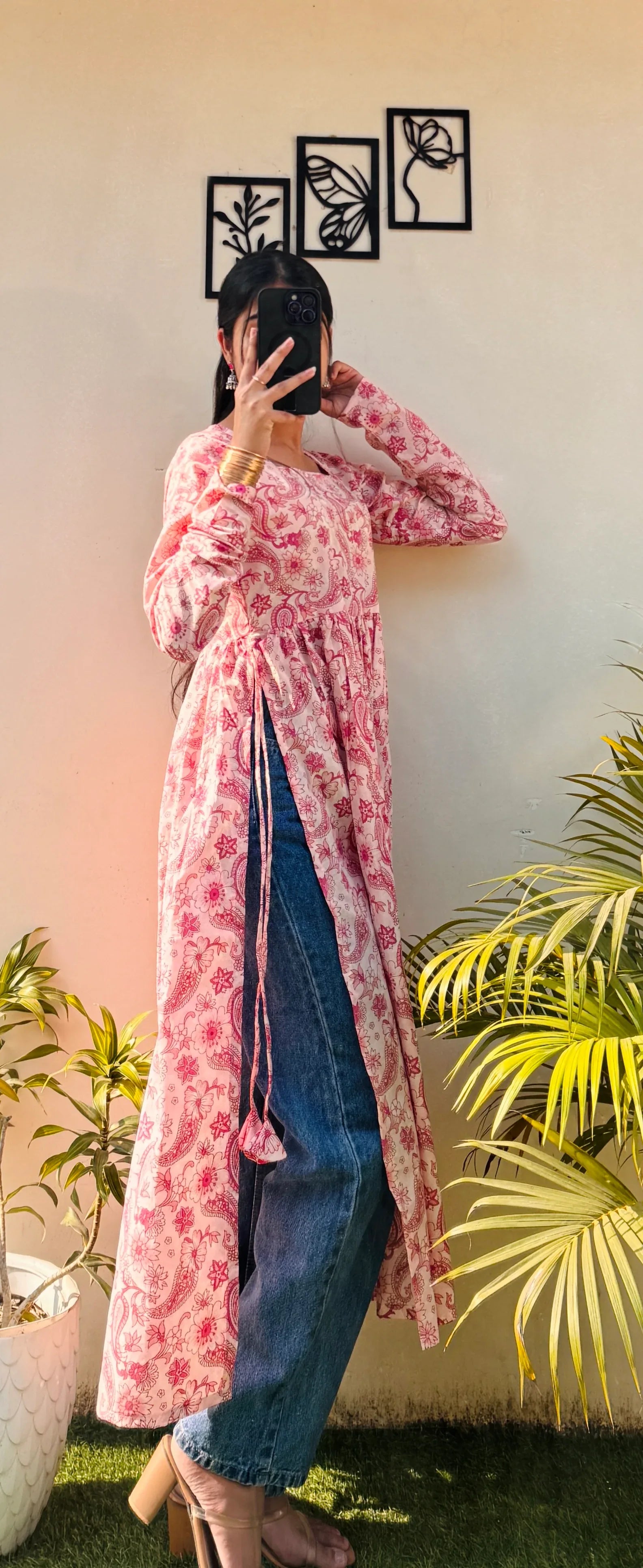 Cotton Full Sleeve Peach Colour Nyra Cut Long Kurti - Dolled Up