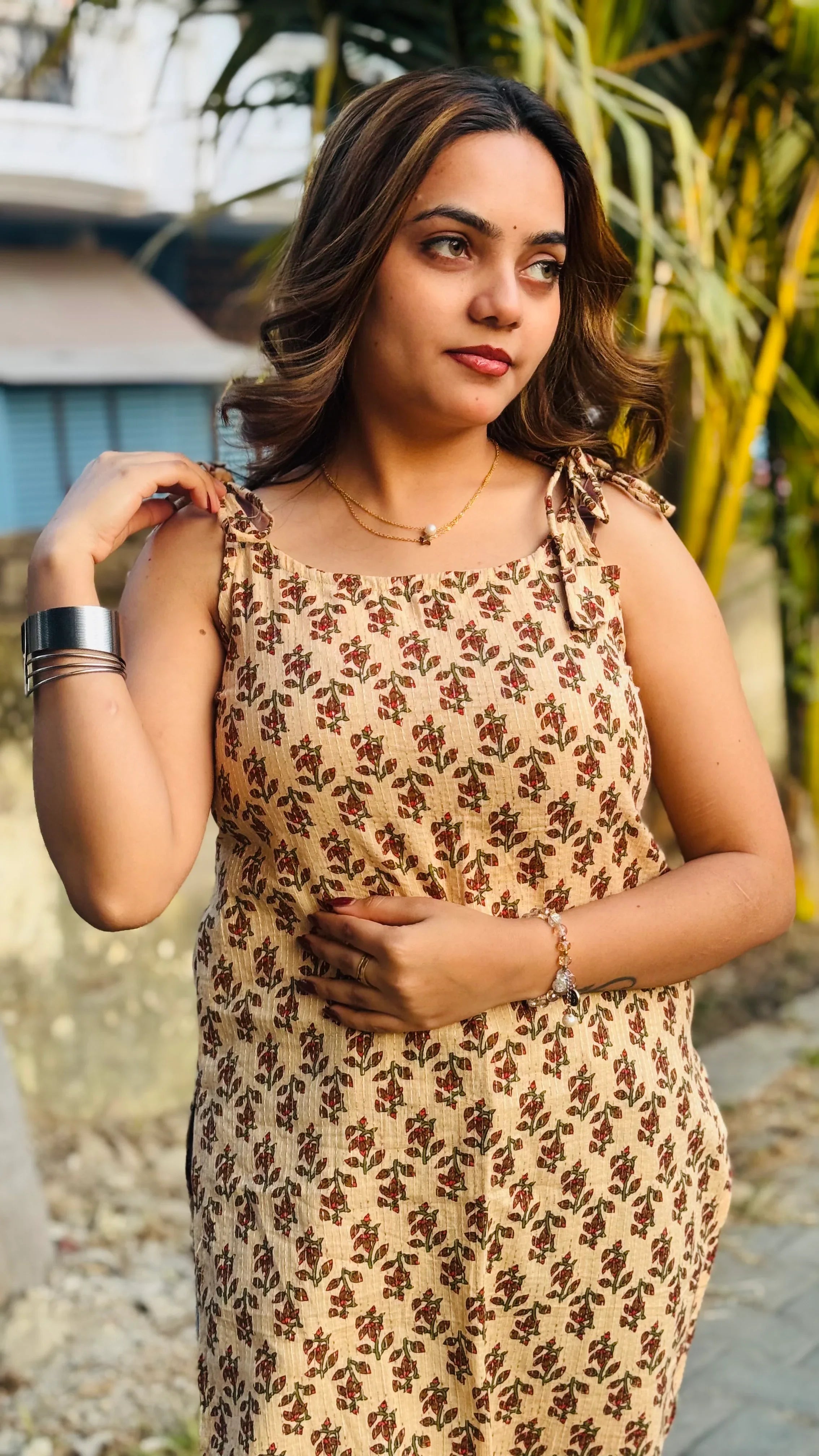Cotton Katha Ajrakh Print Tie Knot Long Kurti - Dolled Up