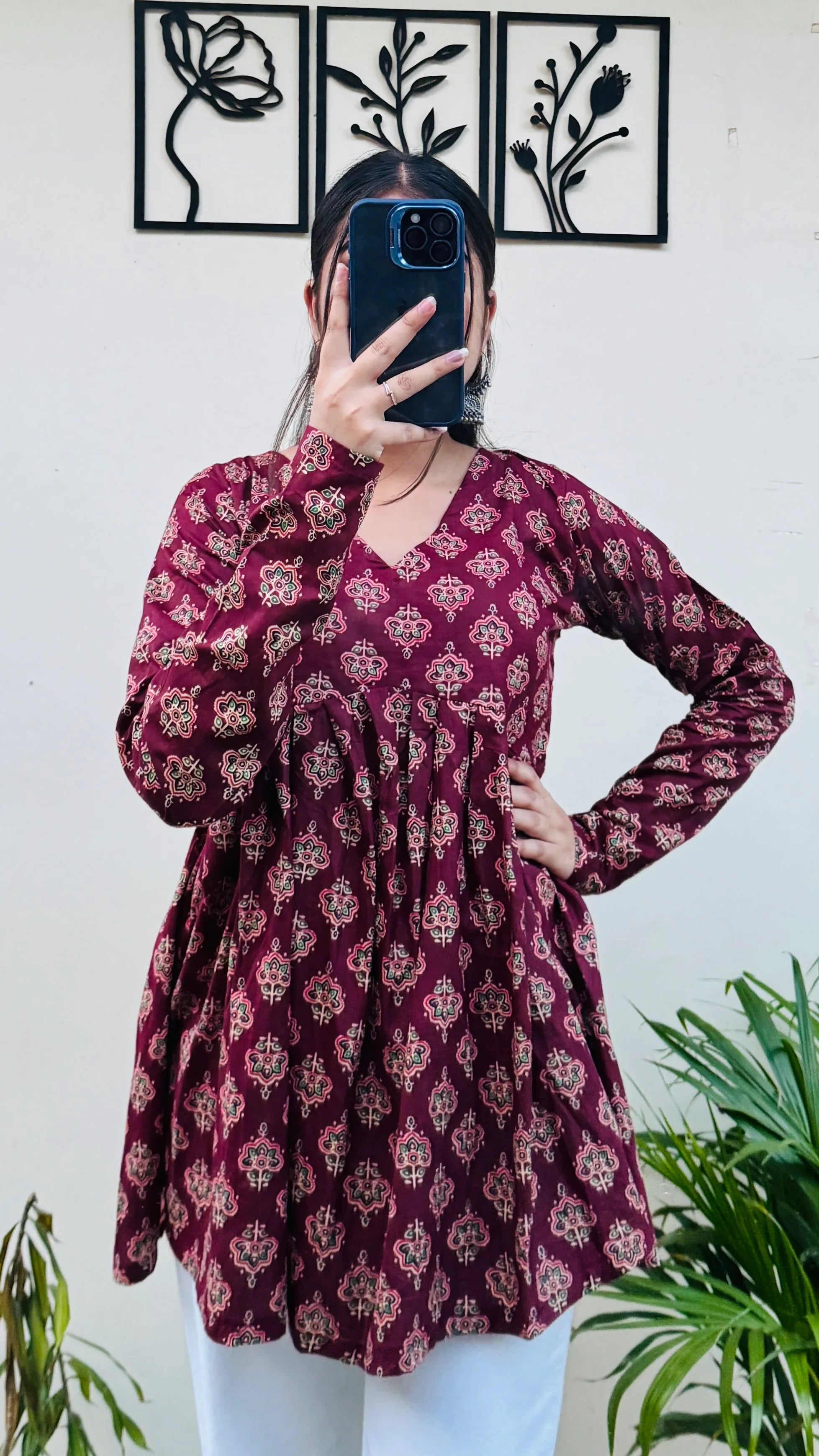 Cotton Flared Maroon Aliacut Ajarakh Print Peplum Top - Dolled Up