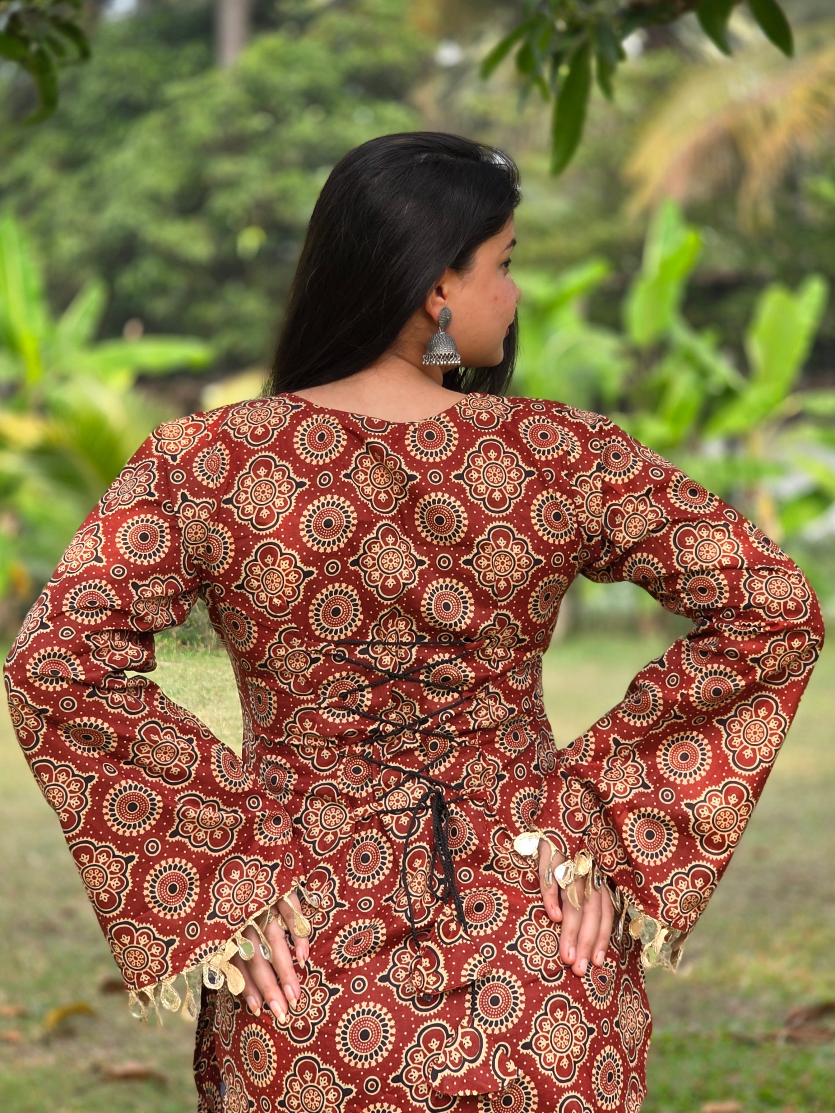 Cotton Printed With Mirror Work Lace Corset Back Kurti