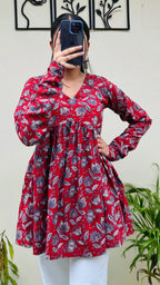 Cotton Flared Red Aliacut Floral Print Peplum Top - Dolled Up