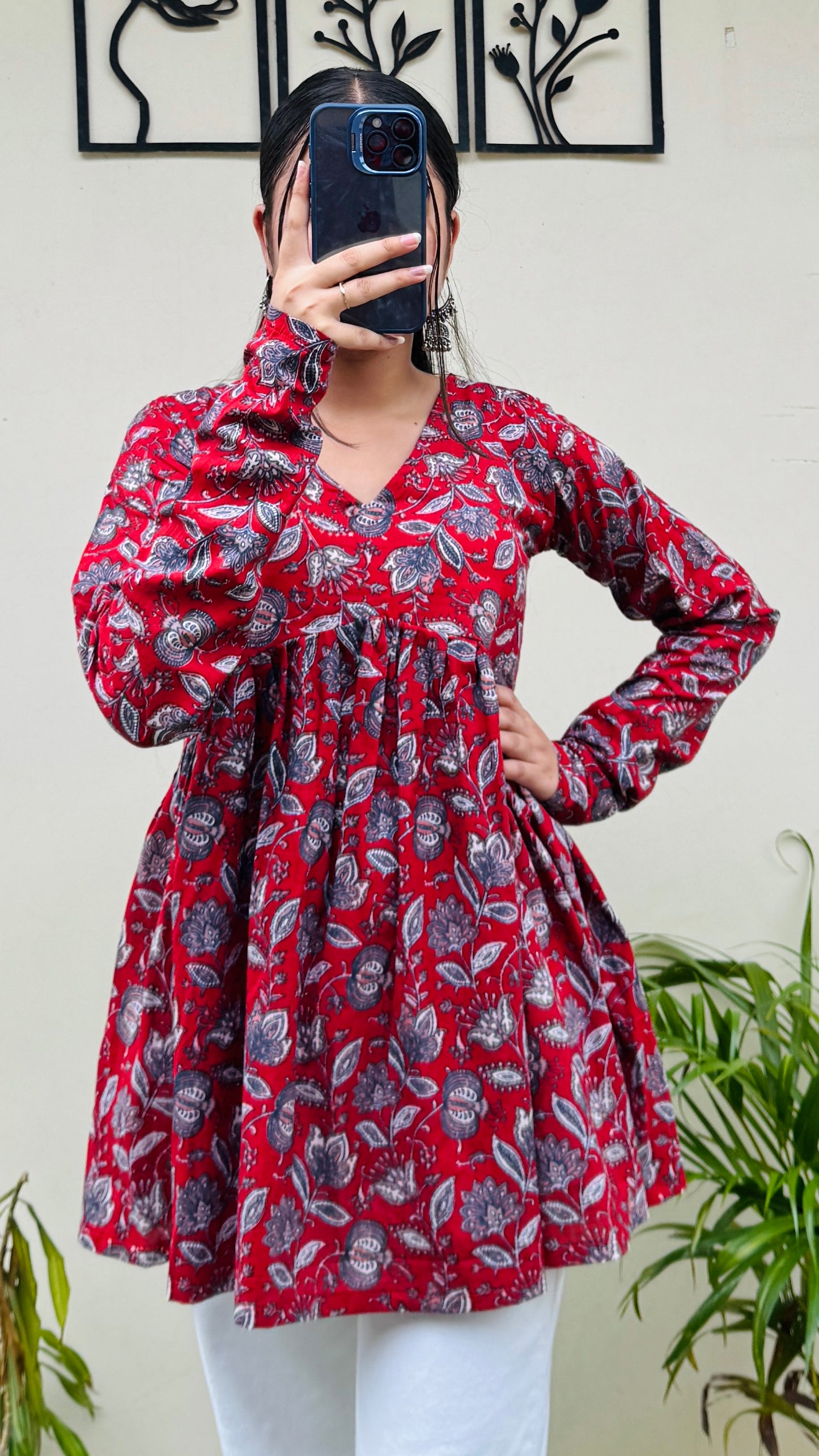Cotton Flared Red Aliacut Floral Print Peplum Top
