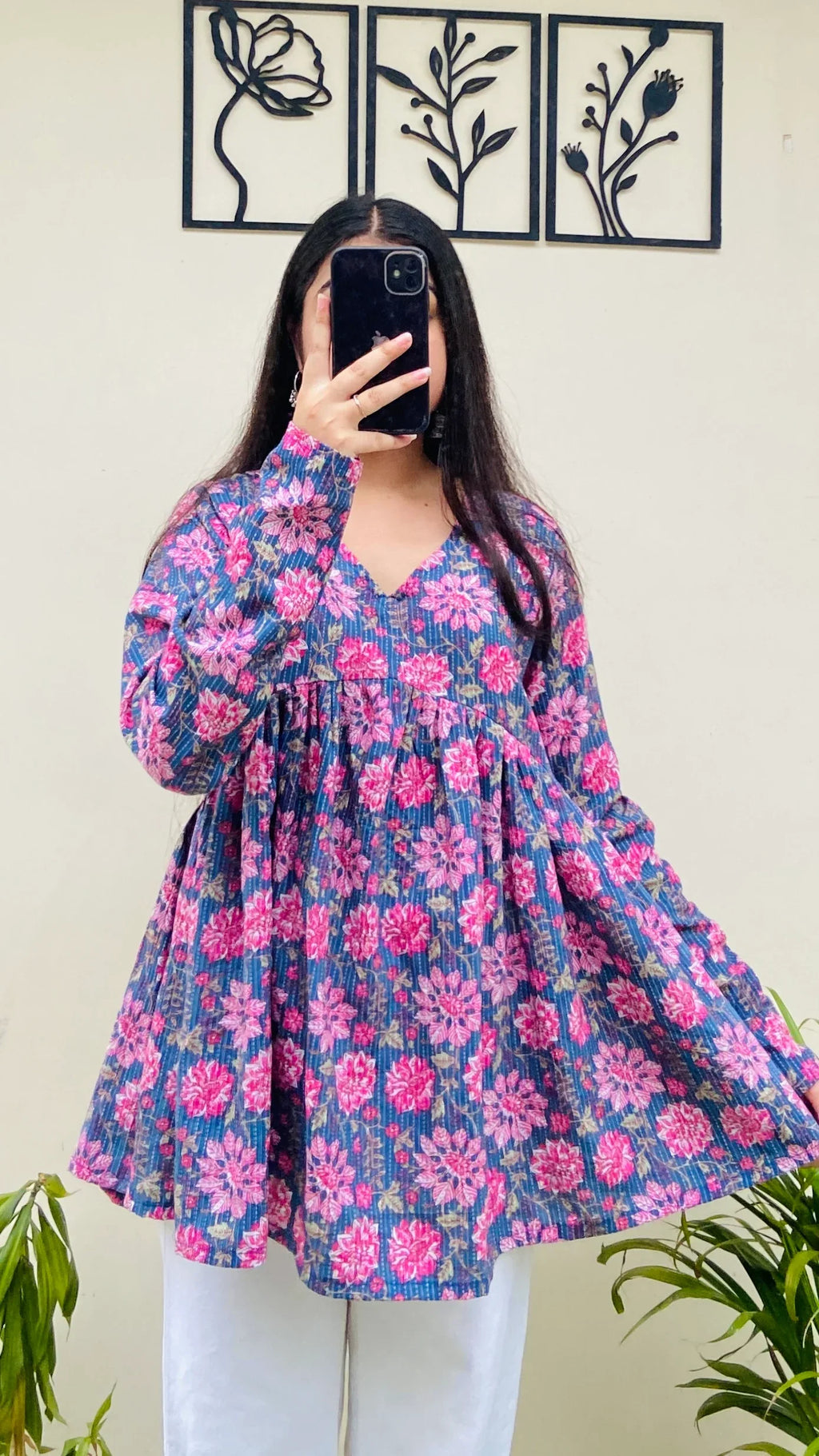 Katha Cotton Blue Katha Flared Floral Print Aliacut Peplum Top - Dolled Up