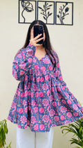 Katha Cotton Blue Katha Flared Floral Print Aliacut Peplum Top - Dolled Up