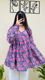 Katha Cotton Blue Katha Flared Floral Print Aliacut Peplum Top - Dolled Up