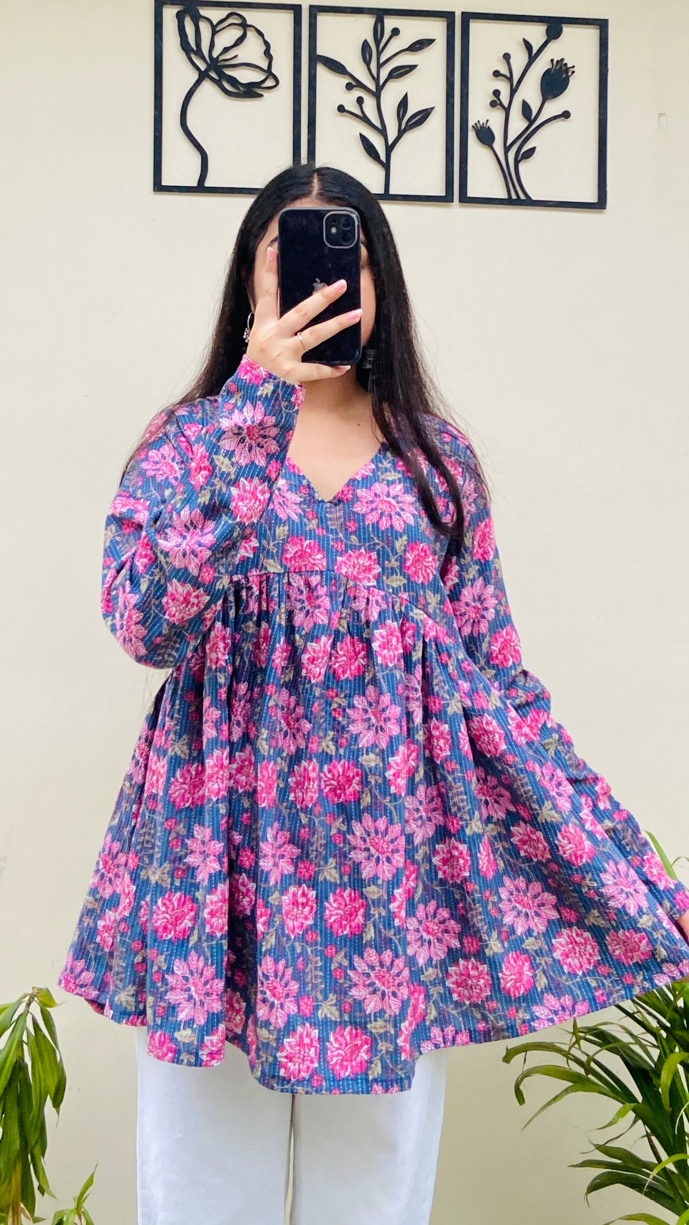 Katha Cotton Blue Katha Flared Floral Print Aliacut Peplum Top