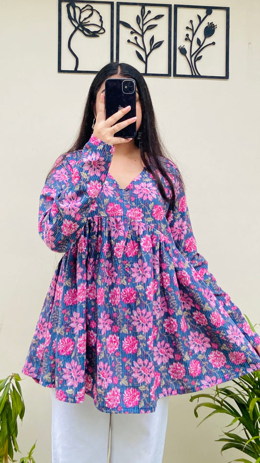 Katha Cotton Blue Katha Flared Floral Print Aliacut Peplum Top