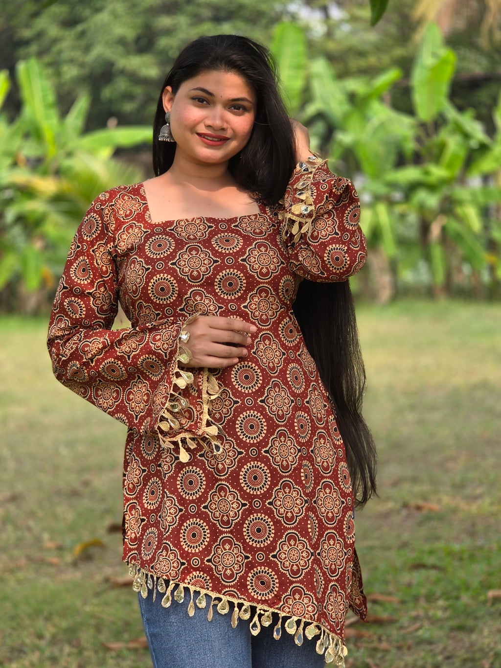 Cotton Printed With Mirror Work Lace Corset Back Kurti