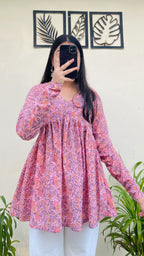 Cotton Flared Baby Pink Aliacut Printed Peplum Top - Dolled Up