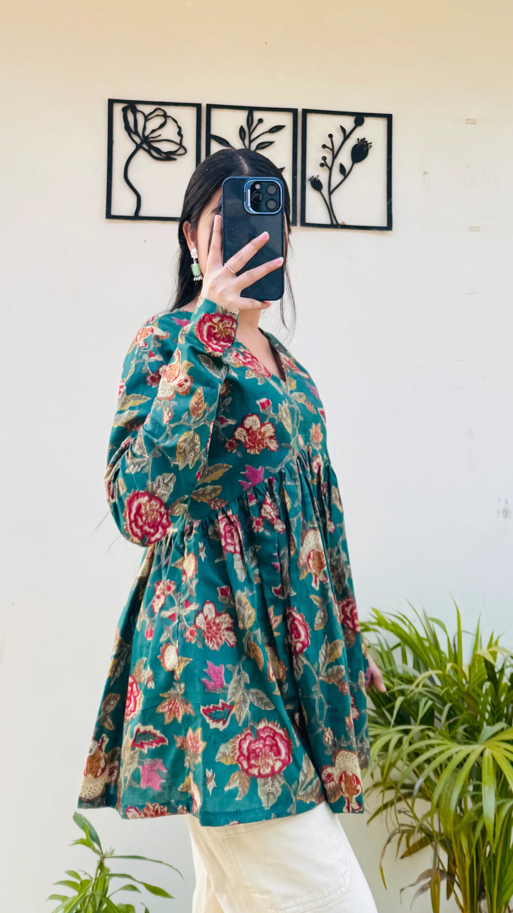 Cotton Flared Bottle Green Aliacut Floral Print Peplum Top - Dolled Up