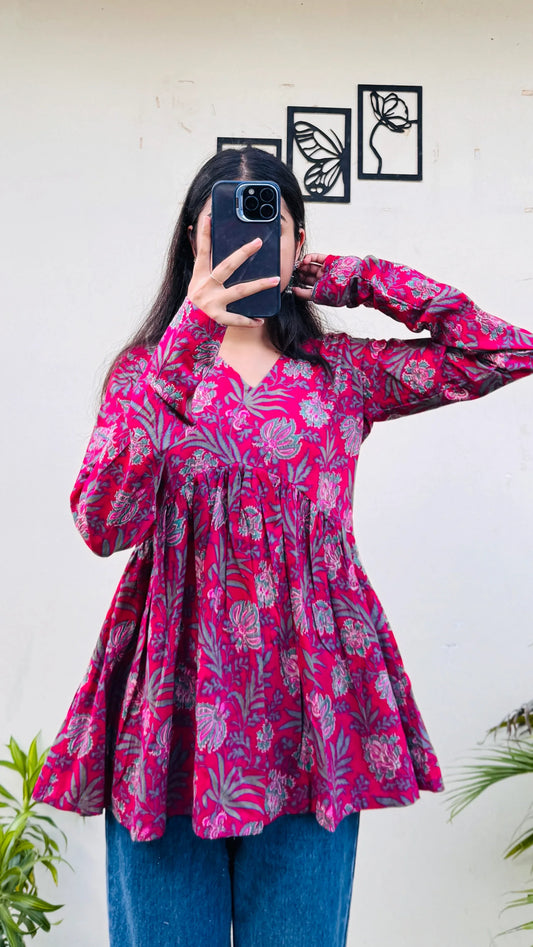 Cotton Flared Printed Aliacut Peplum Top - Dolled Up