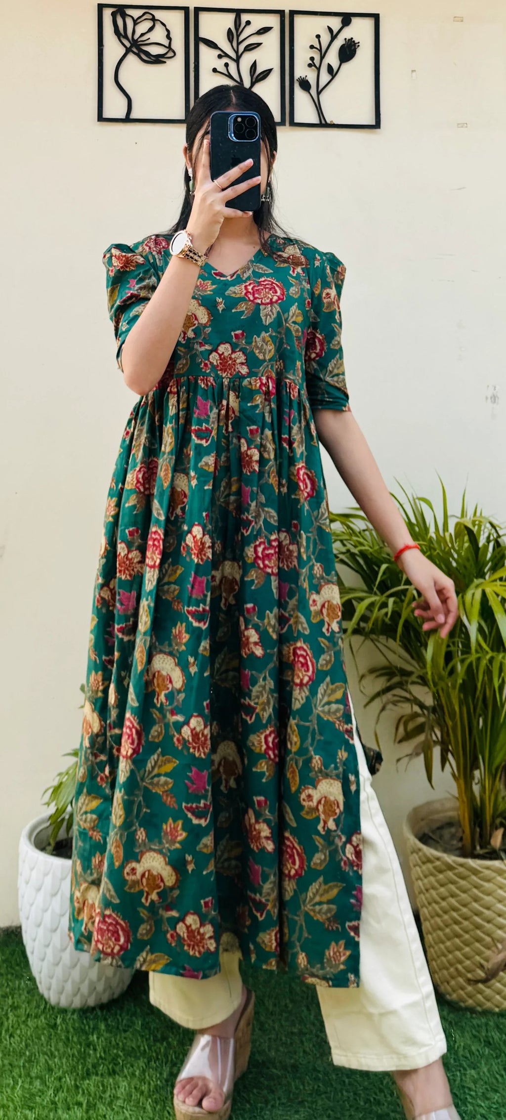 Cotton Printed Green Puff Sleeves Nyra Cut Long Kurti - Dolled Up