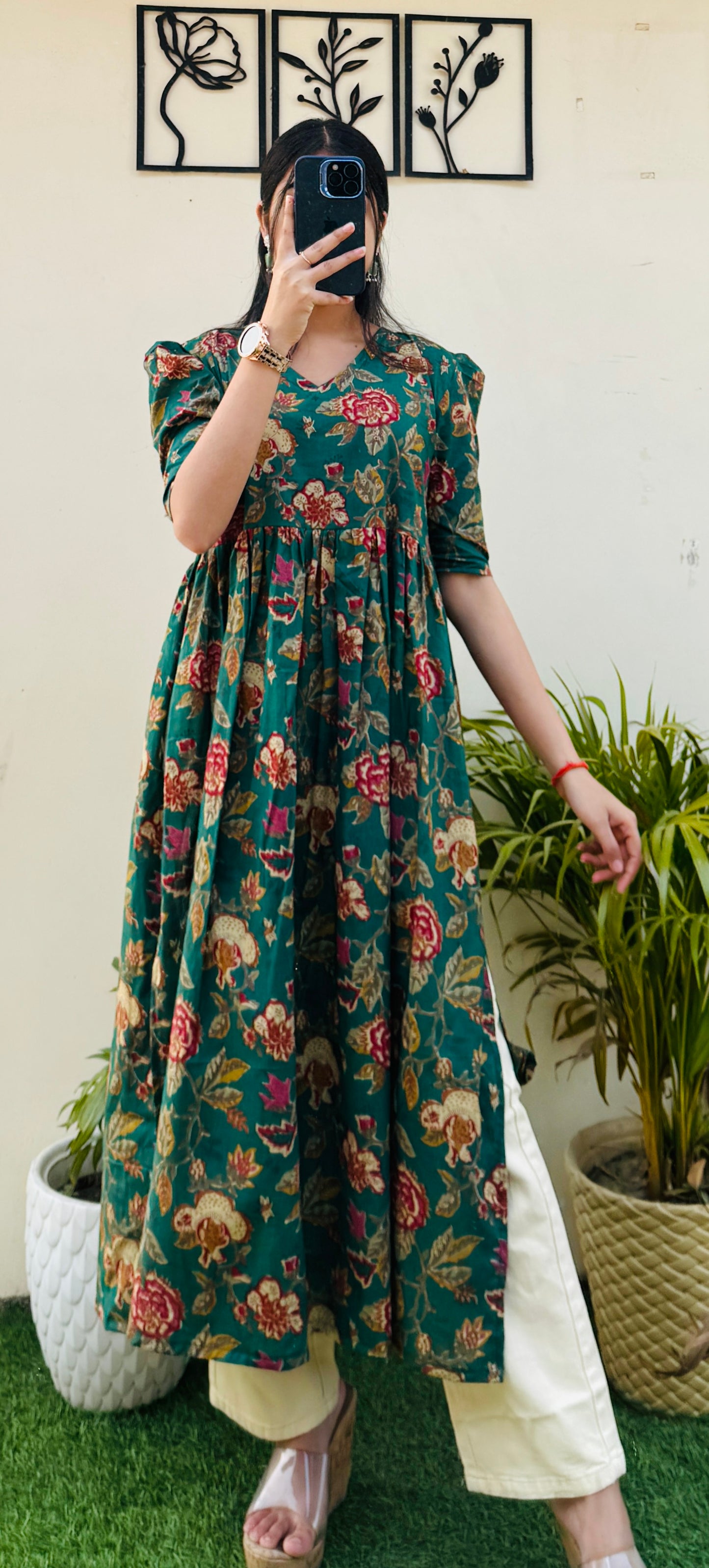 Cotton Printed Green Puff Sleeves Nyra Cut Long Kurti
