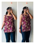 Cotton Katha Wine Floral Print Tie Knot Short Kurti - Dolled Up
