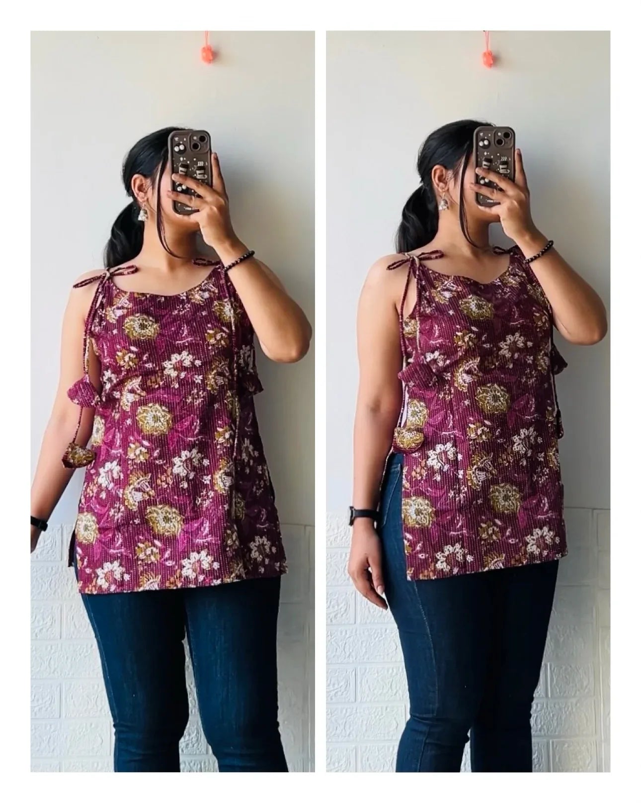 Cotton Katha Wine Floral Print Tie Knot Short Kurti - Dolled Up