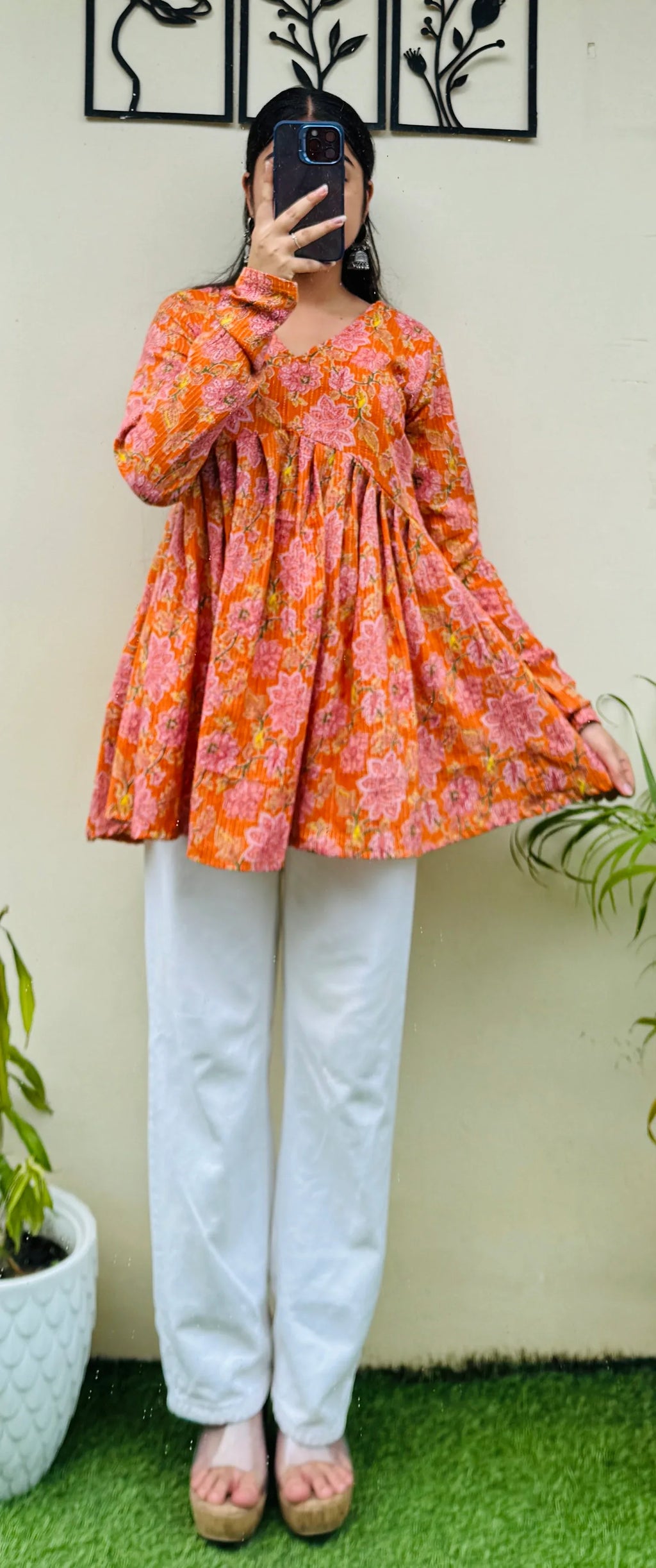 Katha Cotton Orange Flared Floral Print Aliacut Peplum Top - Dolled Up