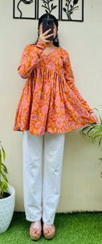 Katha Cotton Orange Flared Floral Print Aliacut Peplum Top - Dolled Up