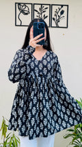 Cotton Flared Black Floral Print Aliacut Peplum Top - Dolled Up