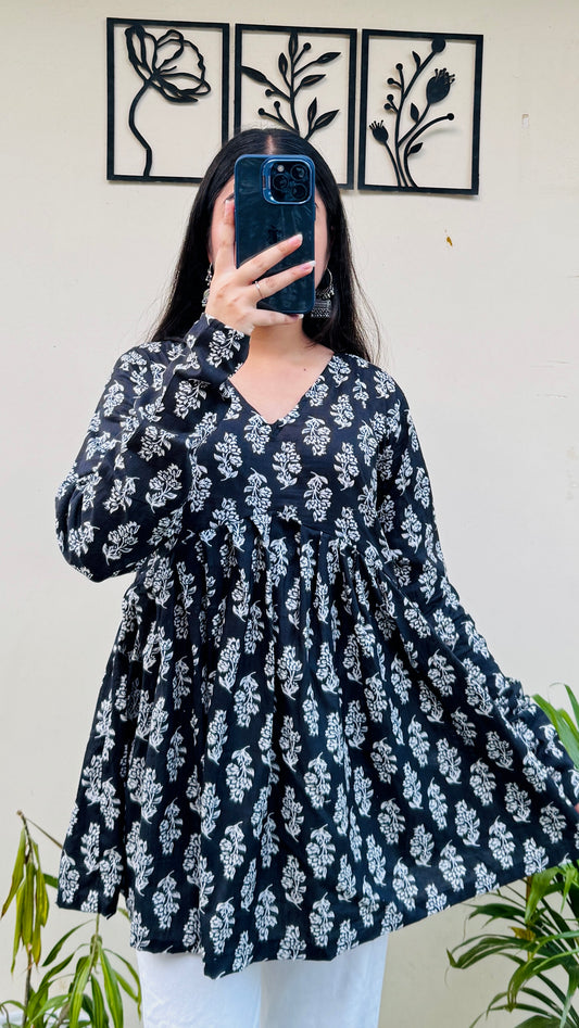 Cotton Flared Black Floral Print Aliacut Peplum Top