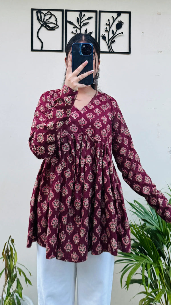 Cotton Flared Maroon Aliacut Ajarakh Print Peplum Top - Dolled Up
