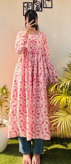Cotton Full Sleeve Peach Colour Nyra Cut Long Kurti - Dolled Up