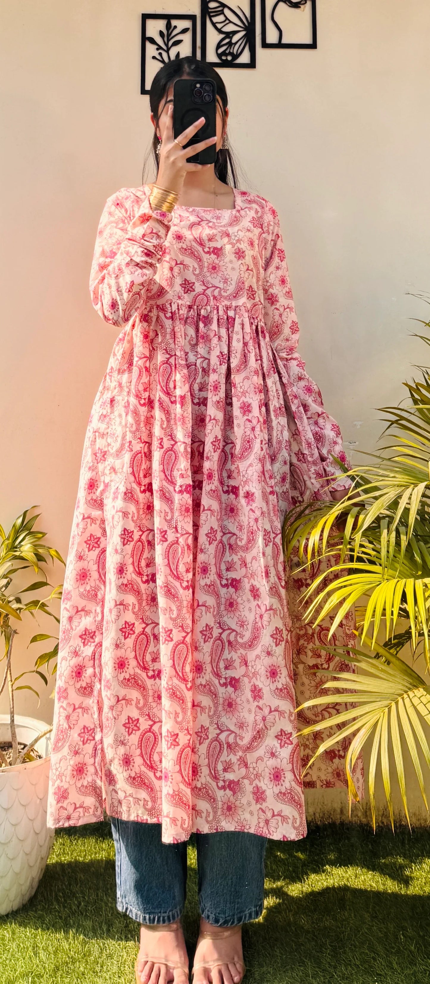 Cotton Full Sleeve Peach Colour Nyra Cut Long Kurti - Dolled Up