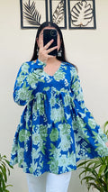Cotton Flared Blue Printed Aliacut Peplum Top - Dolled Up