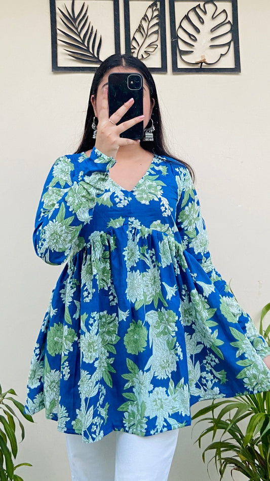 Cotton Flared Blue Printed Aliacut Peplum Top