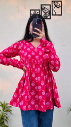 Cotton Dark Pink Flared Printed Aliacut Peplum Top - Dolled Up