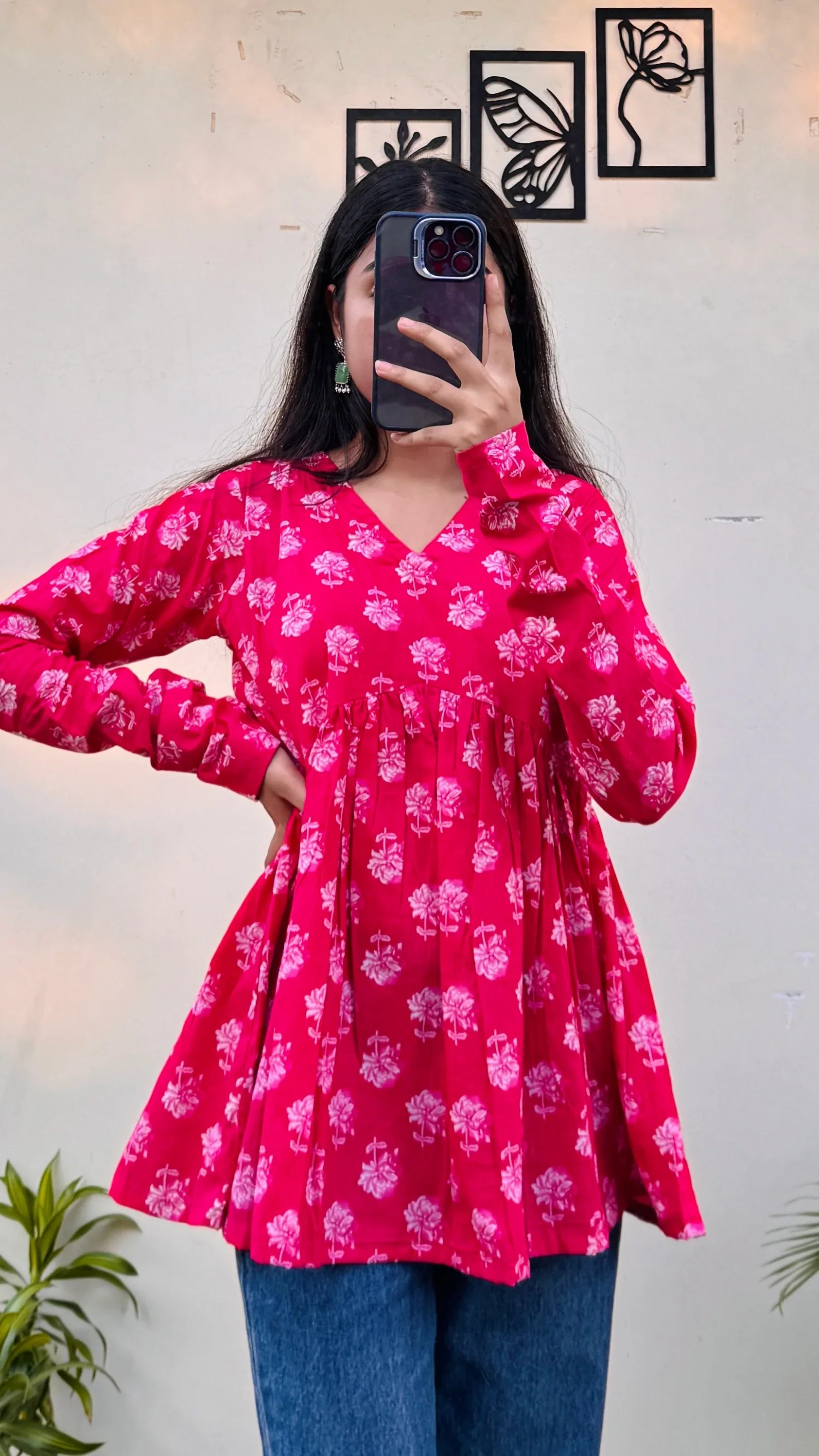 Cotton Dark Pink Flared Printed Aliacut Peplum Top - Dolled Up