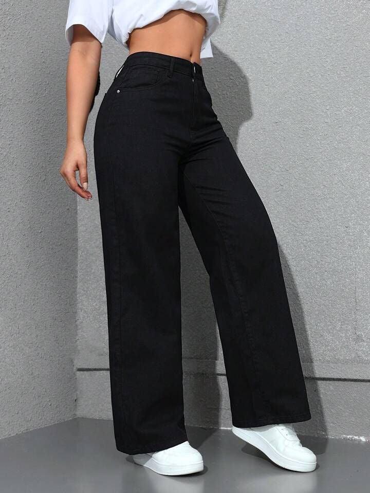 High Waisted Black Wide Leg Denim Jeans - Dolled Up