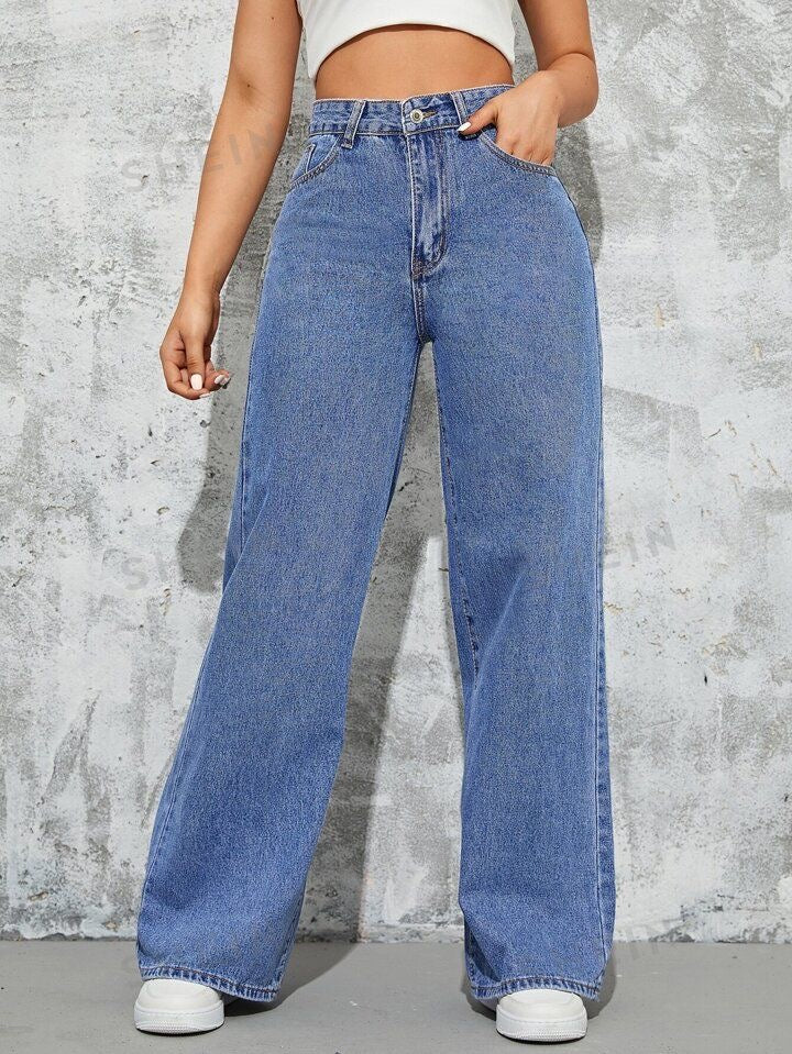 High Waisted Stone Blue Wide Leg Denim Jeans
