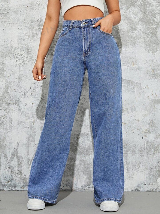 High Waisted Stone Blue Wide Leg Denim Jeans