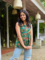 Cotton Flared Green Back Less Neck Design Short Kurti - Dolled Up