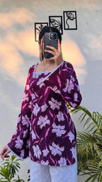 Cotton Wine Colour Square Neck Lace Detailing Corset Back Short Kurti - Dolled Up
