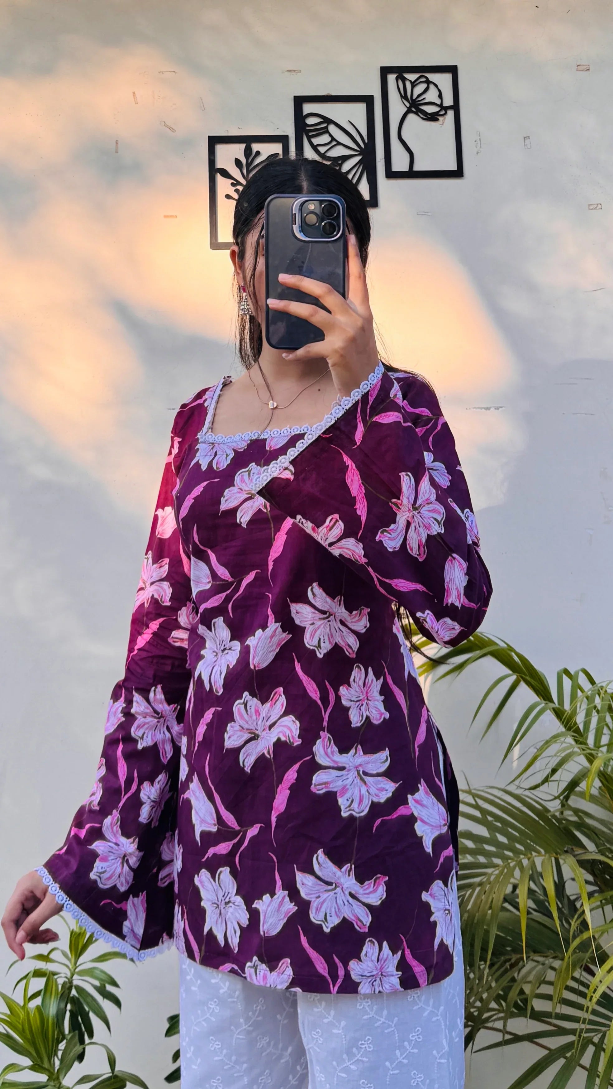 Cotton Wine Colour Square Neck Lace Detailing Corset Back Short Kurti - Dolled Up