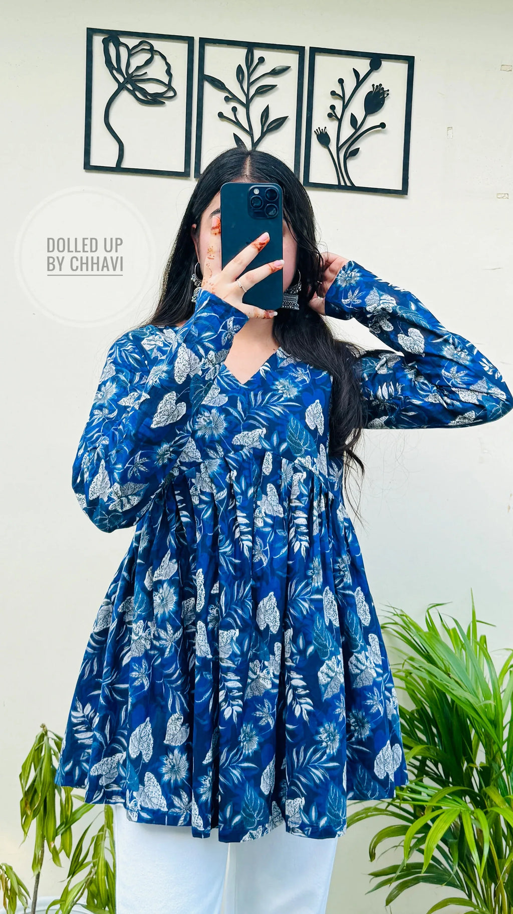Cotton Flared Royal Blue Aliacut Floral Print Peplum Top - Dolled Up