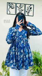 Cotton Flared Royal Blue Aliacut Floral Print Peplum Top - Dolled Up